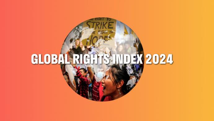 Kuva mielenosoituksesta ja kuvan päällä teksti "Global Rights Index 2024".