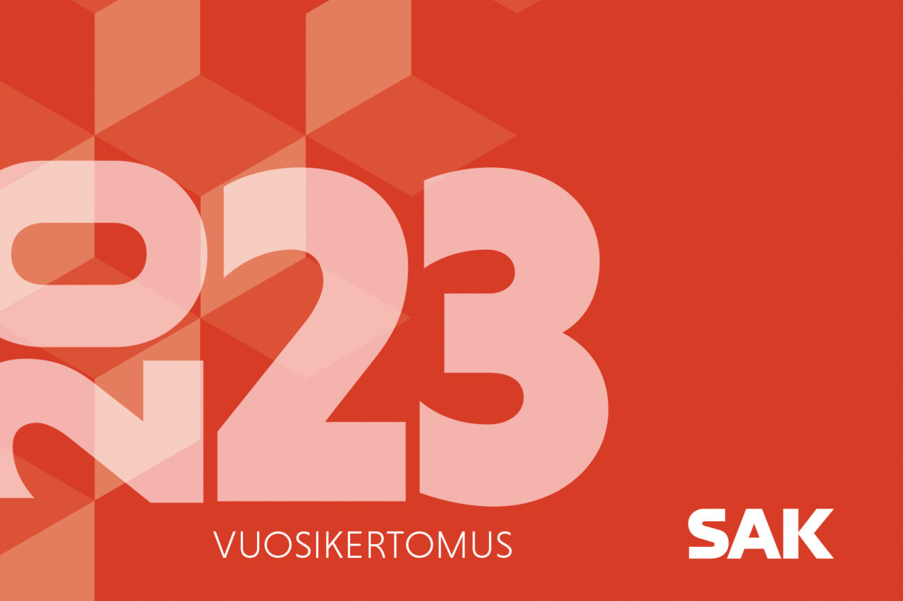 Vuosikertomuksen kansikuva: vuosiluku 2023 isolla, teksti vuosikertomus ja SAK:n logo.