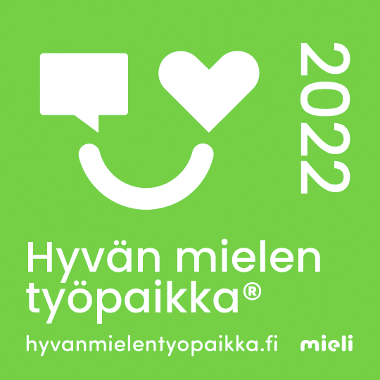 Hyvän mielen työpaikka -merkki, jossa vihreällä taustalla hymiö, jonka silmien tilalla puhekupla ja sydän.