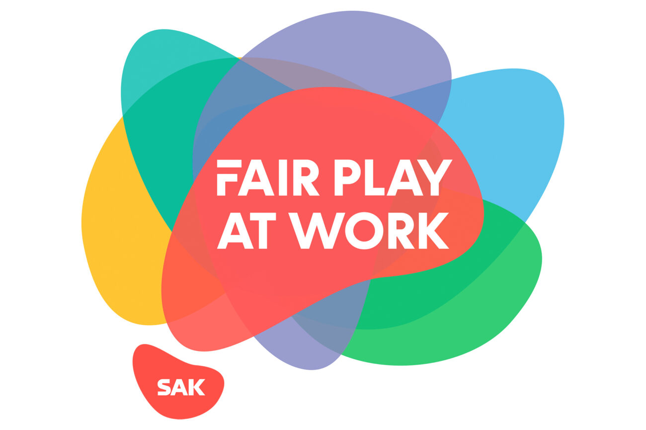 A big Fair play at work logo and a small SAK logo on a colouful background.