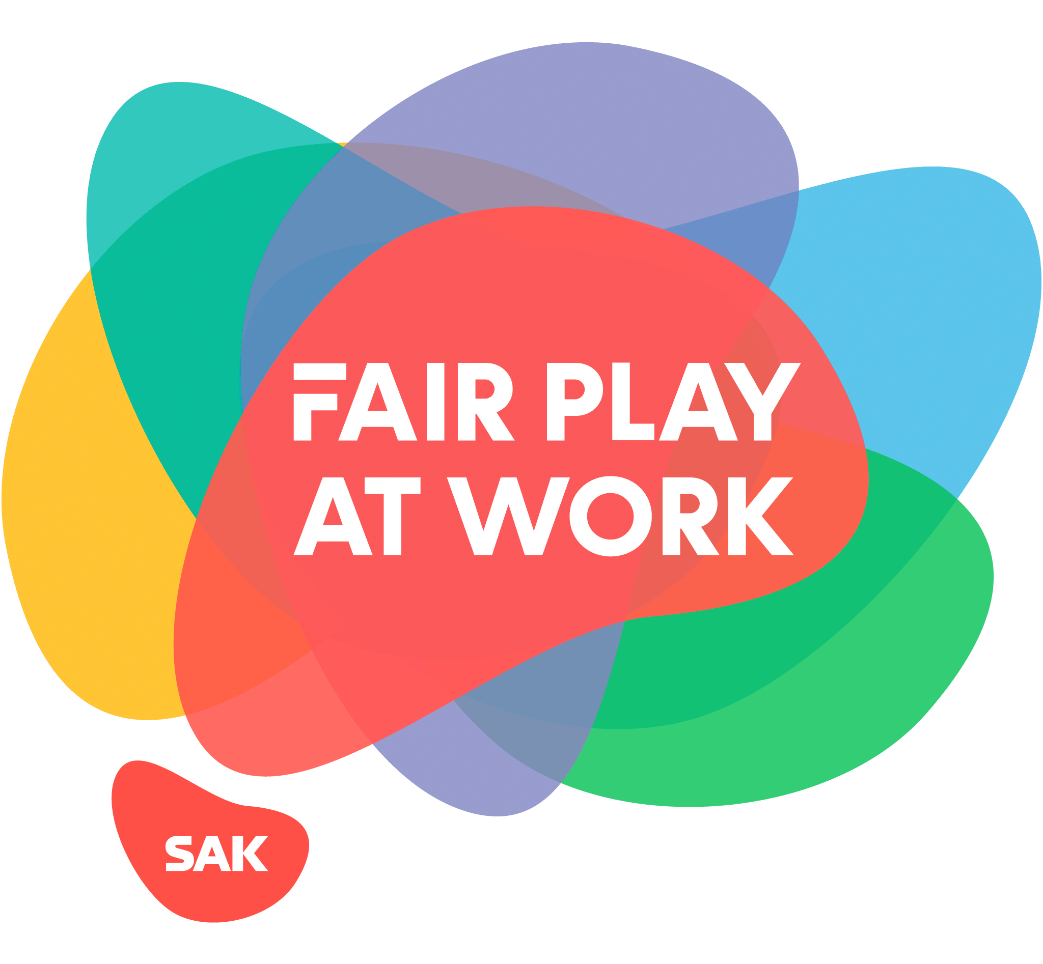 A big Fair play at work logo and a small SAK logo on a colouful background.