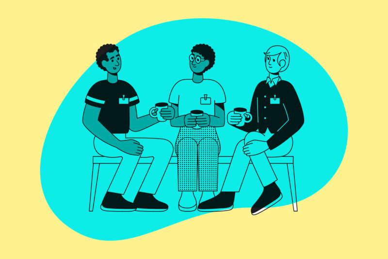 In the drawing, three employees are sitting on a bench, talking with cups in their hands.