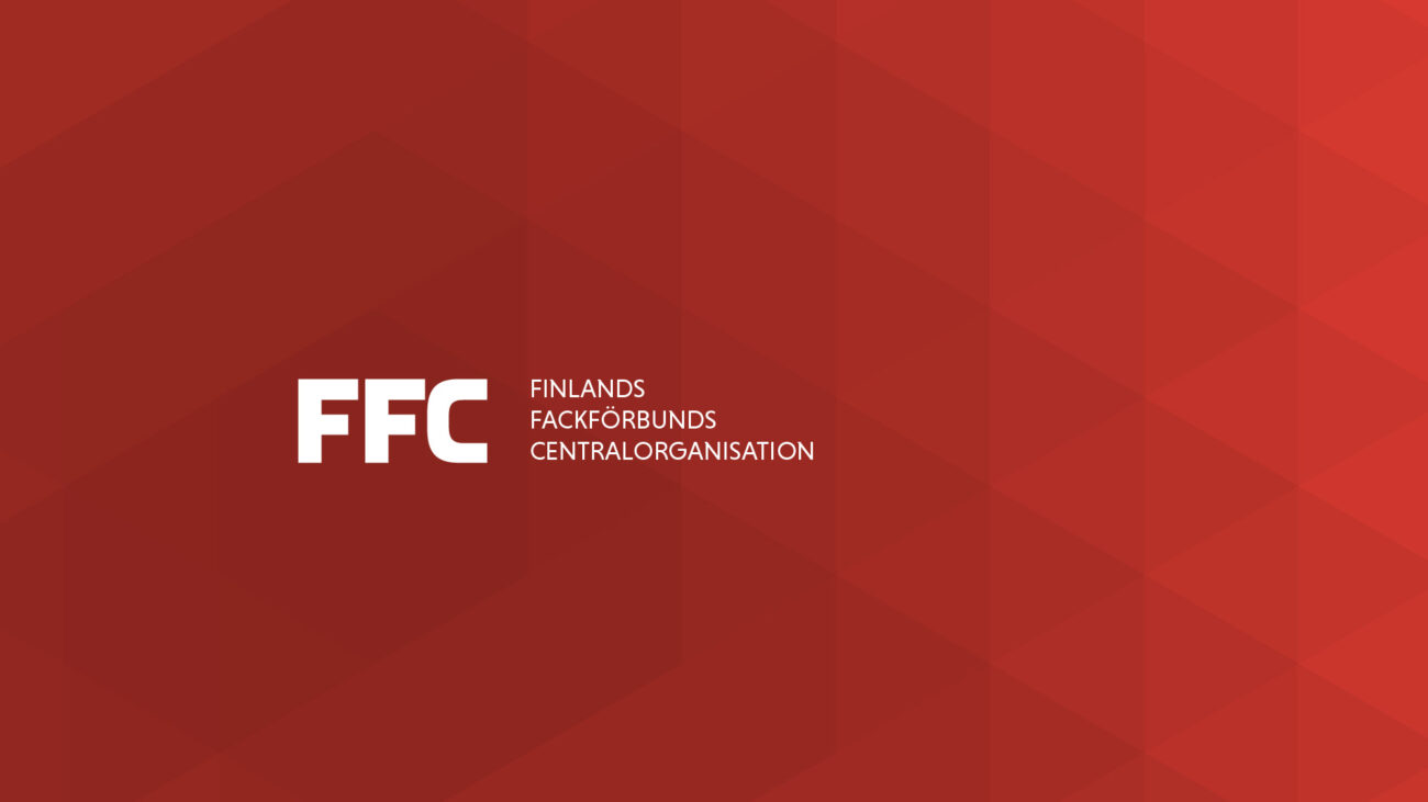 FFC's logotyp och texten Finlands Fackförbunds Centralorganisation på en röd bakgrund.