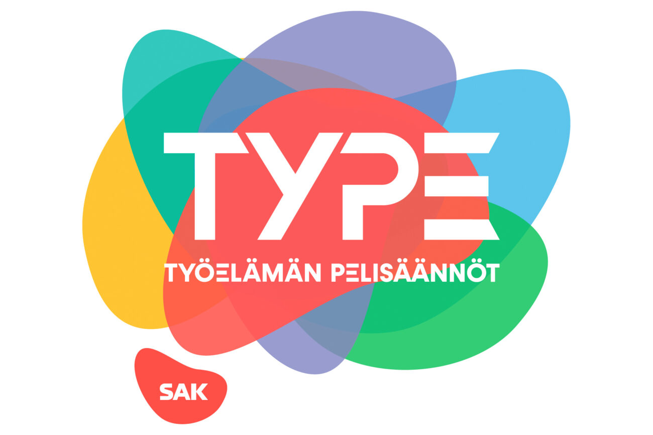 Työelämän pelisäännöt -logo, jossa värikkään taustan keskellä teksti TYPE ja vasemmassa alakulmassa pieni SAK:n logo.