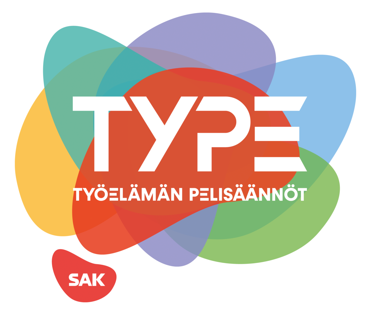 Työelämän pelisäännöt -logo, jossa värikkään taustan keskellä teksti TYPE ja vasemmassa alakulmassa pieni SAK:n logo.