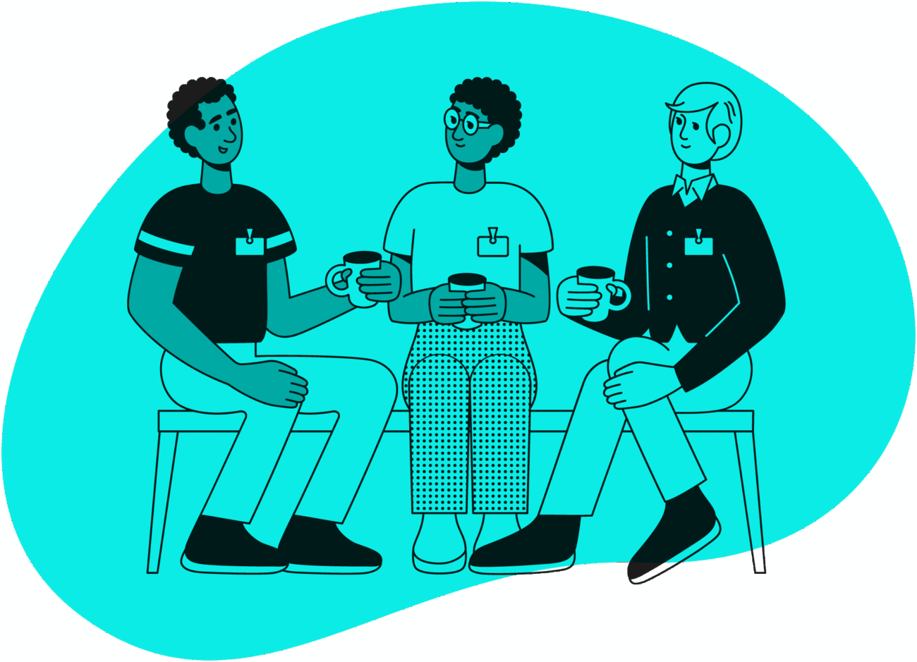 In the drawing, three employees are sitting on a bench, talking with cups in their hands.