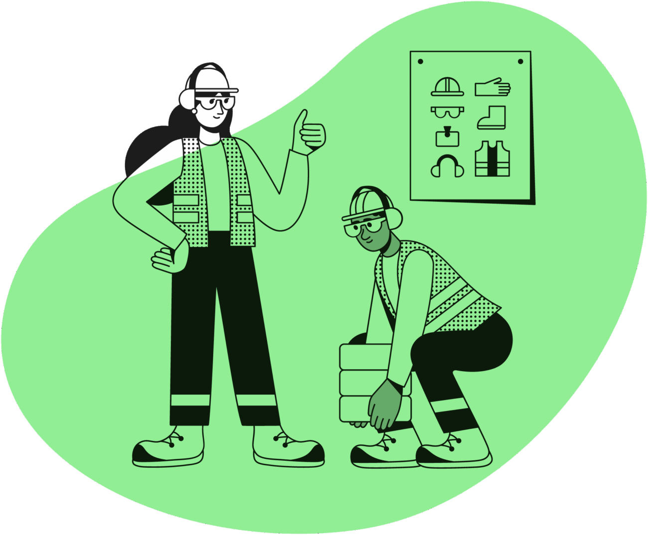 In the illustration, an employee is lifting heavy discs, and a supervisor is guiding him on the correct technique.