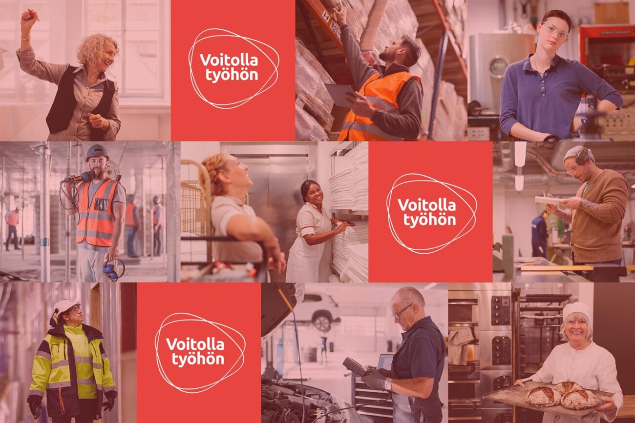 A collage image with small photos of people working and "Voitolla työhön" logos.