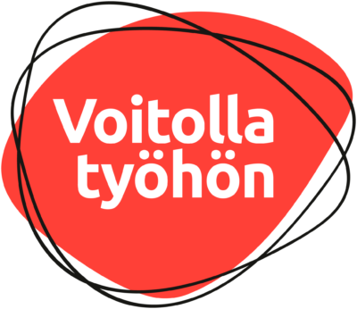 Punaisen kuvion päällä valkoinen teksti "Voitolla työhön". 