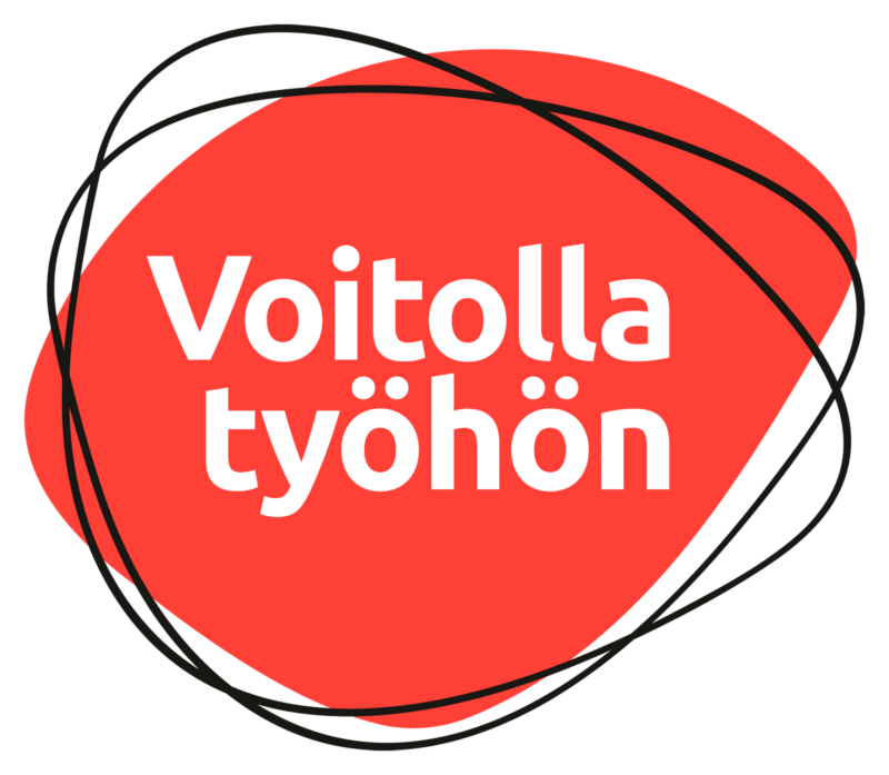 Punaisen kuvion päällä valkoinen teksti "Voitolla työhön".